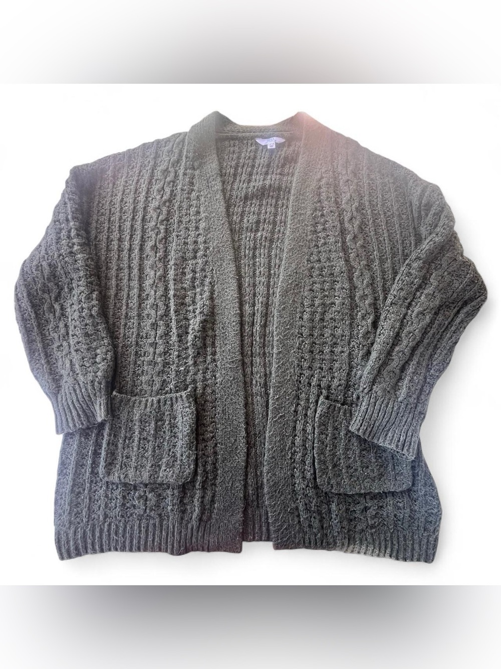 Olive Green Ribbed Open Front Cardigan Size L Cozy Layering Sweat Loungewear
